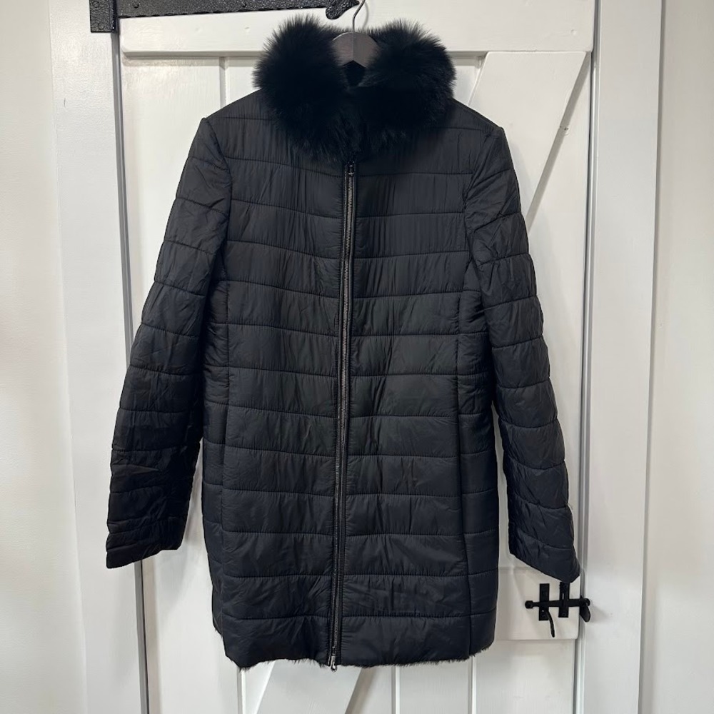 Thermore Womens Jacket Size L Black Quilted Puffer Coat Fox Fur Collar Insulated